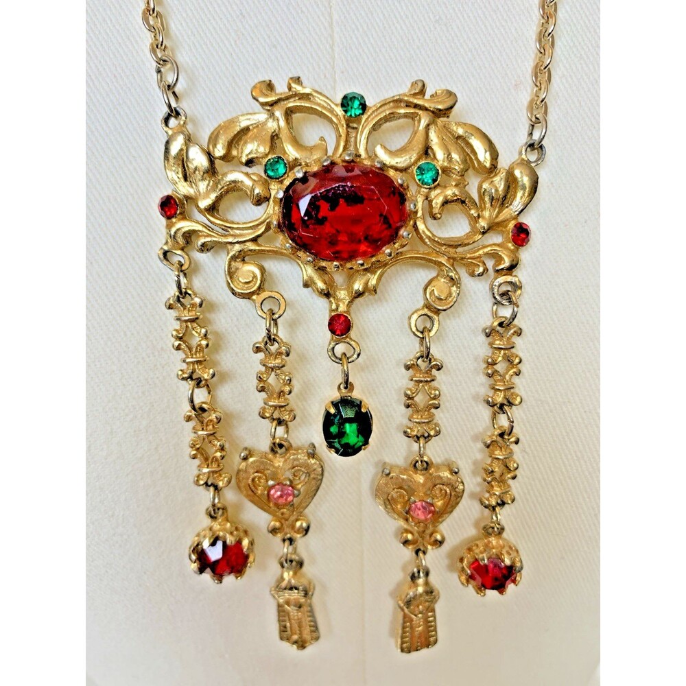 Vintage Lupé Signed Egyptian Revival Necklace Gold Tone Rhinestone Fringe